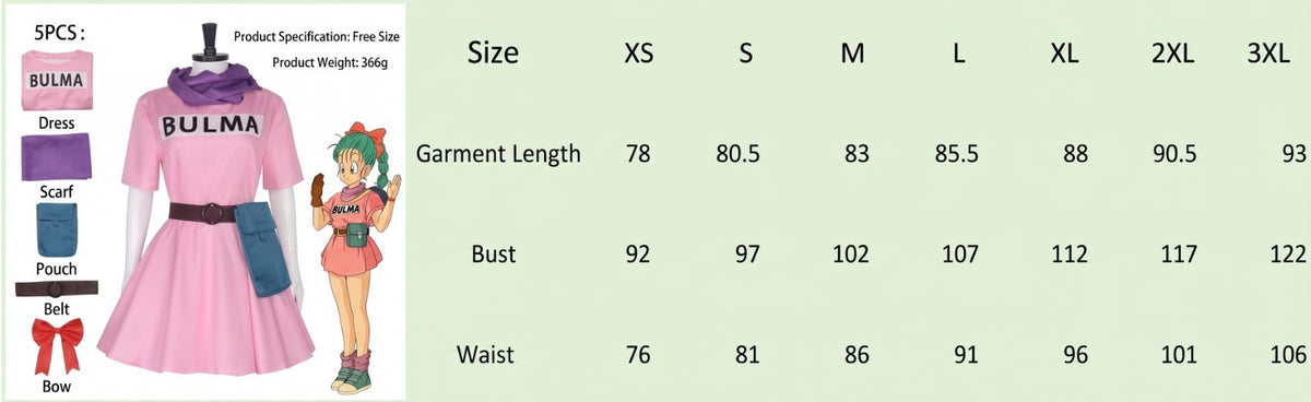 Bulma Cosplay Anime Costume Full Set Pink Dress Pouch Scarf Hair Bow Outfit