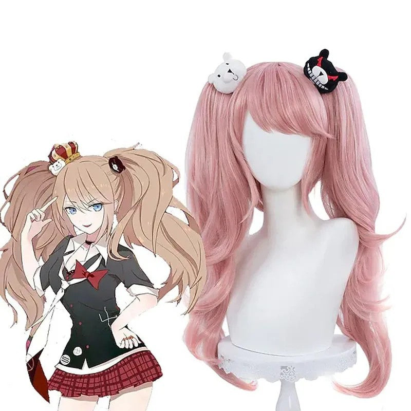 Danganronpa Junko Enoshima Cosplay Wig Pink Twin Tails Monokuma Hairpins Prop