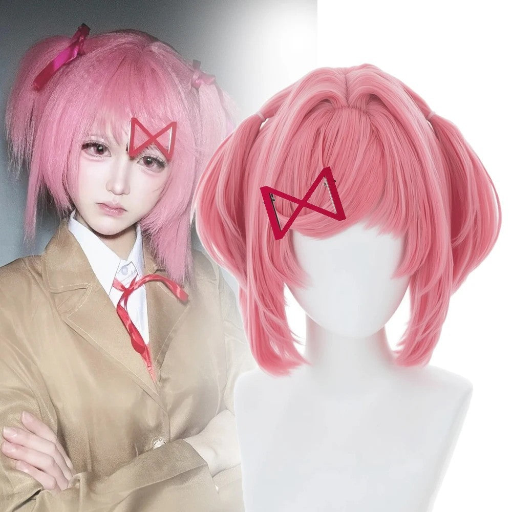 Doki Doki Literature Club Natsuki Wig Pink Pigtail Hairpin Cosplay Hairpiece Set