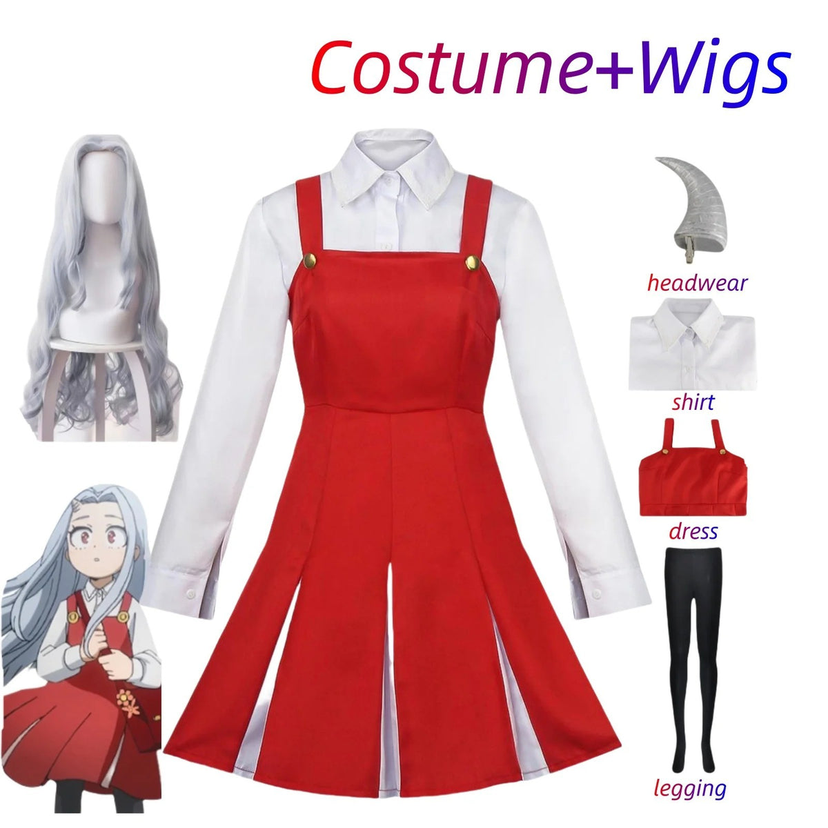 My Hero Academia Eri Cosplay Costume Wig Full Set Red Dress Anime Halloween