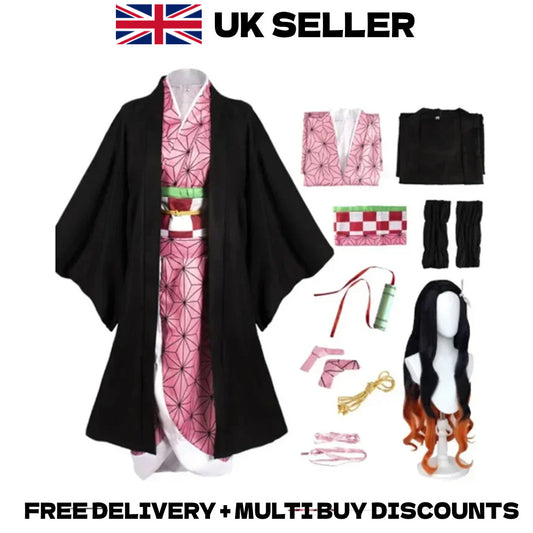Demon Slayer Nezuko Kamado Cosplay Costume Full Set With Wig Kimono Halloween