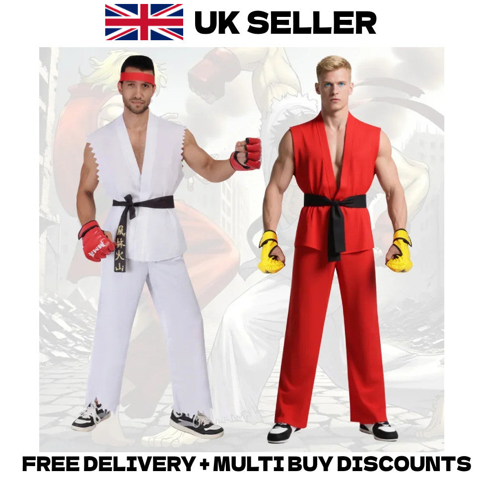 Street Fighter Ryu Ken Masters Cosplay Costume Full Set Karate Gi Halloween Fit