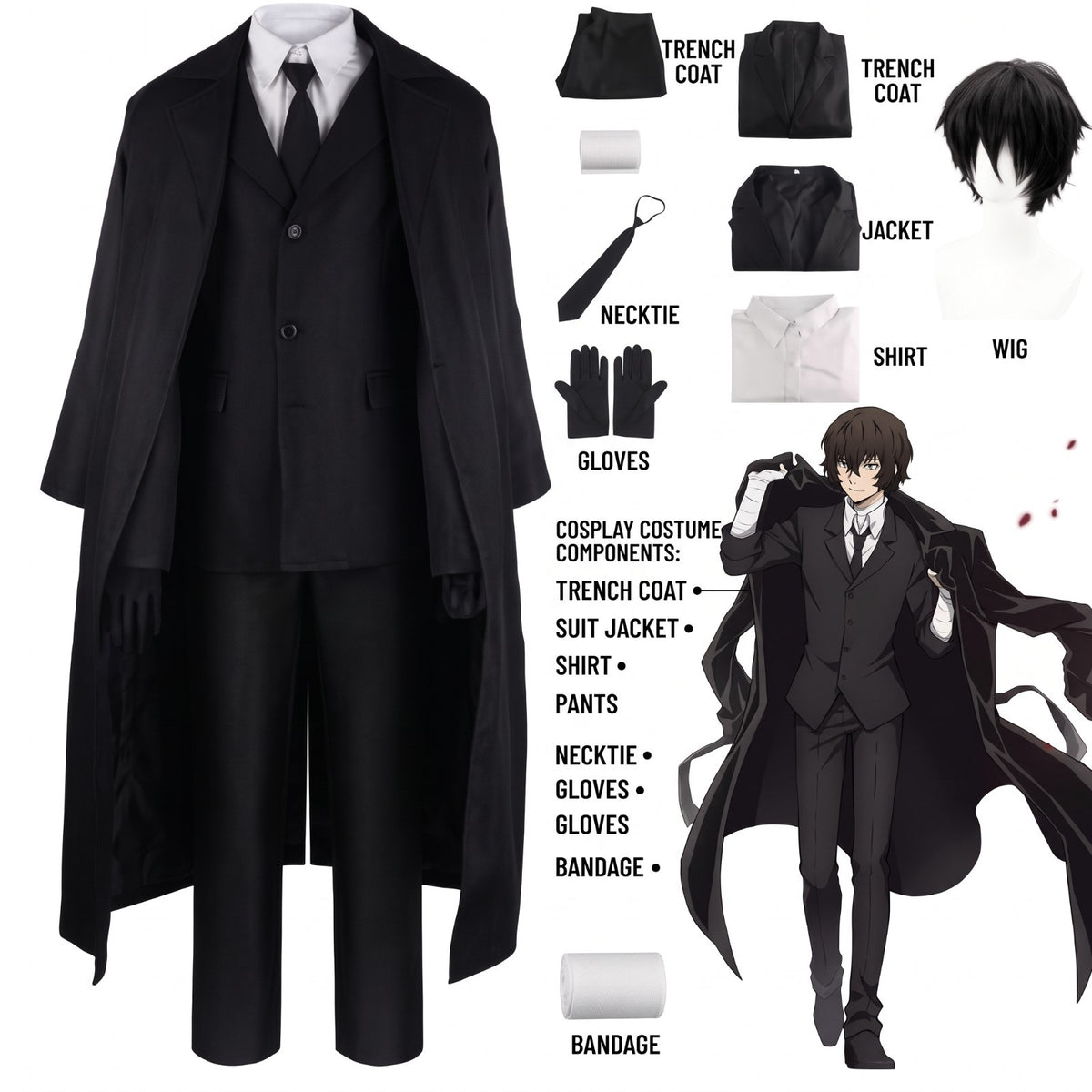 Bungo Stray Dogs Osamu Dazai Cosplay Costume Port Mafia Black Suit Trench Coat