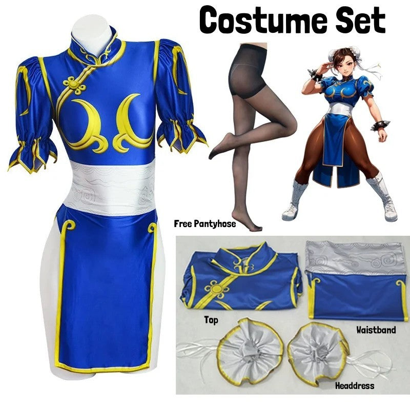 Street Fighter Chun-Li Cosplay Costume Full Set Blue Dress Halloween Outfit
