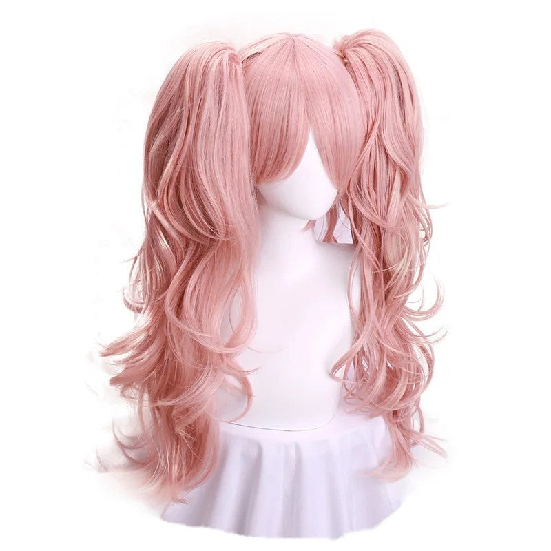 Danganronpa Junko Enoshima Cosplay Wig Pink Twin Tails Monokuma Hairpins Prop