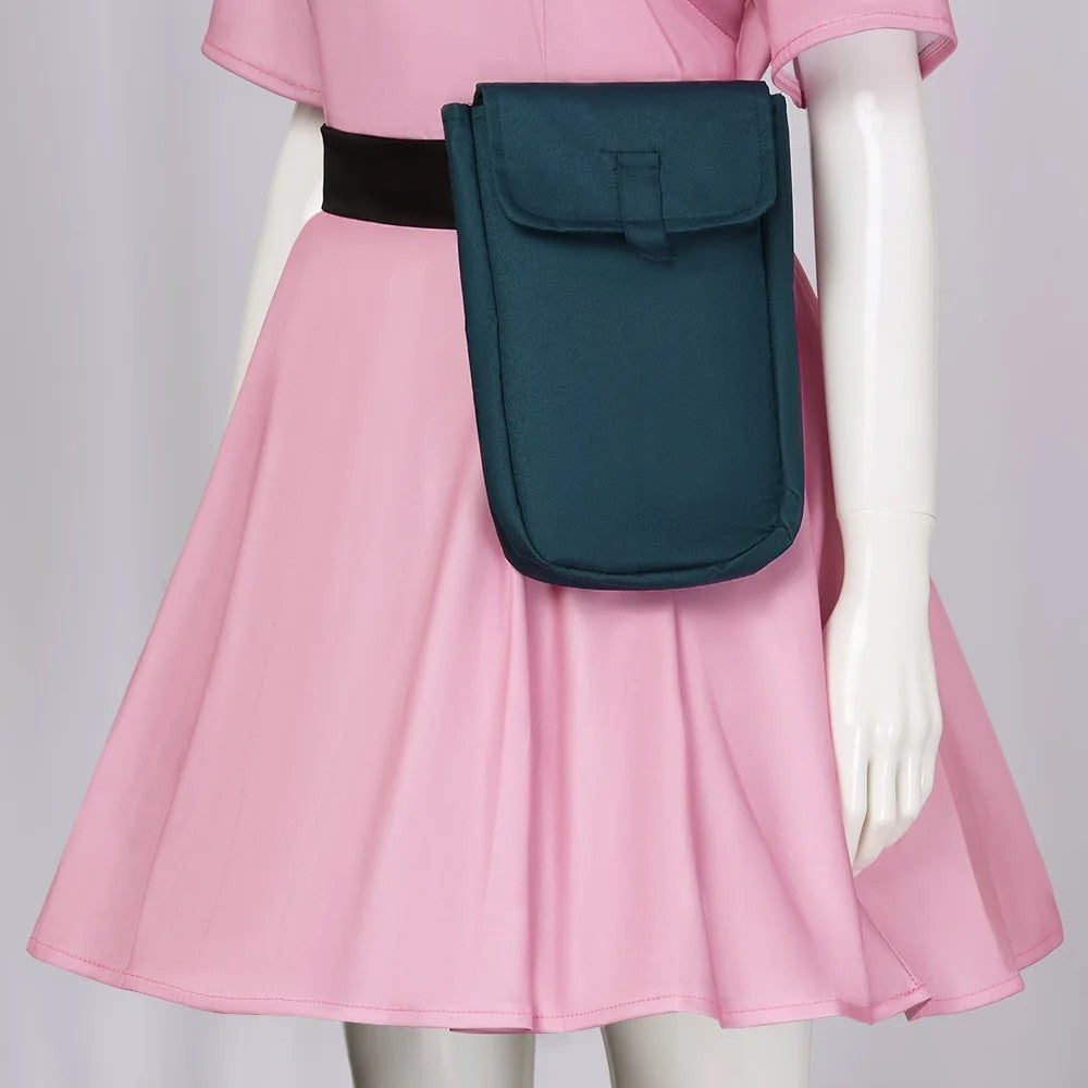 Bulma Cosplay Anime Costume Full Set Pink Dress Pouch Scarf Hair Bow Outfit