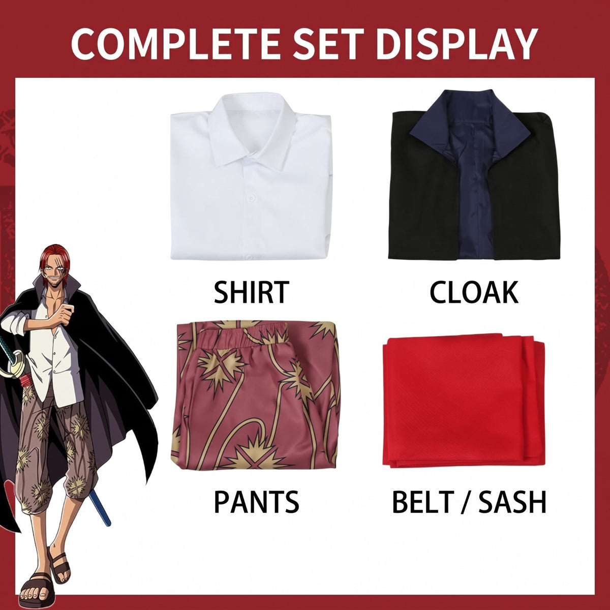 Shanks Redhead Cosplay Anime Costume Full Set Halloween Outfit Pirate Cloak