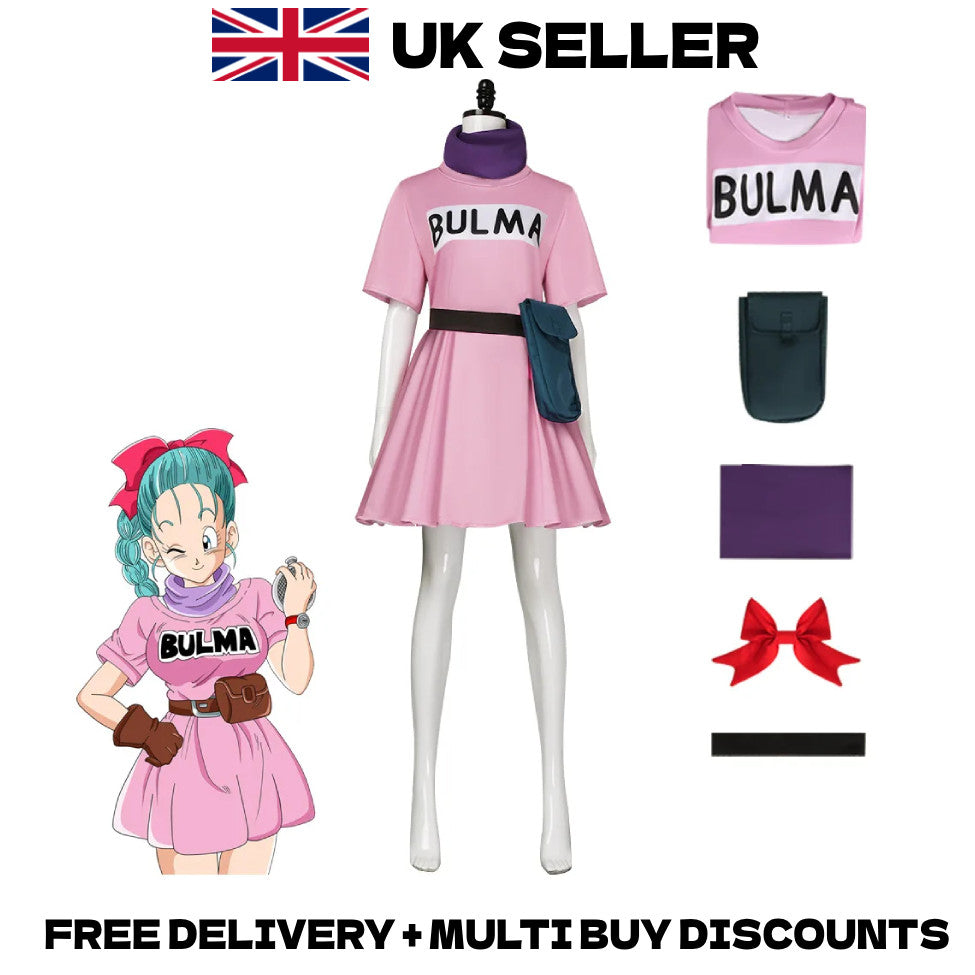 Bulma Cosplay Anime Costume Full Set Pink Dress Pouch Scarf Hair Bow Outfit