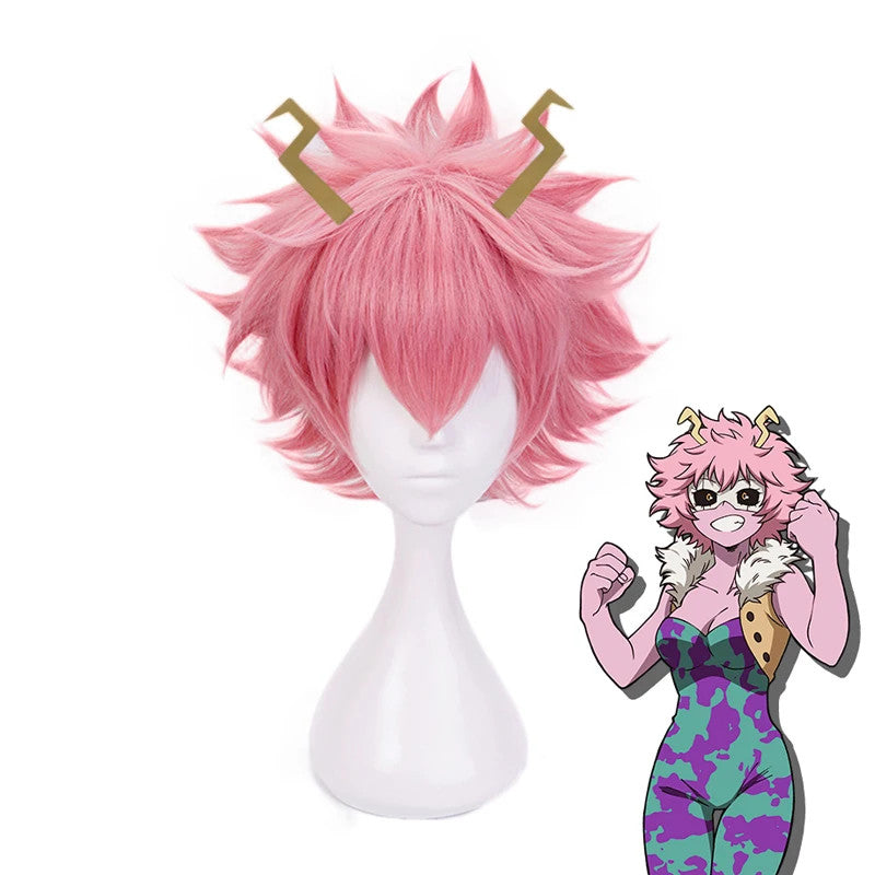 My Hero Academia Mina Ashido Cosplay Wig Horns Pink Anime Hair Halloween