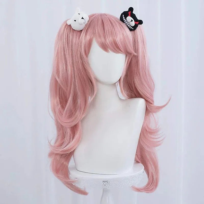 Danganronpa Junko Enoshima Cosplay Wig Pink Twin Tails Monokuma Hairpins Prop