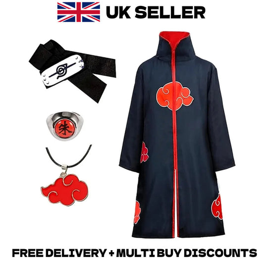 Naruto Shippuden Akatsuki Cloak Cosplay Costume Robe Headband Ring Necklace Set