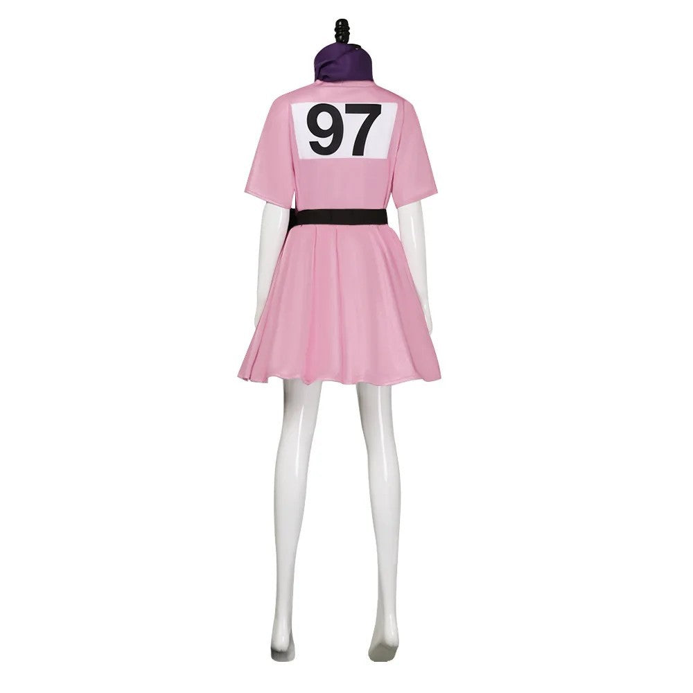 Bulma Cosplay Anime Costume Full Set Pink Dress Pouch Scarf Hair Bow Outfit