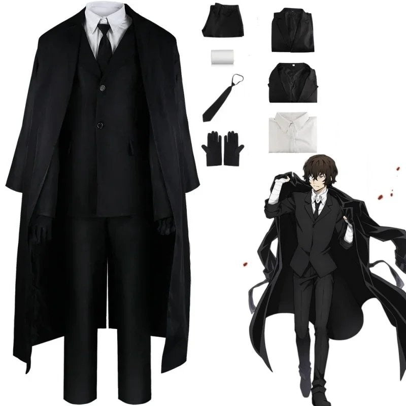 Bungo Stray Dogs Osamu Dazai Cosplay Costume Port Mafia Black Suit Trench Coat