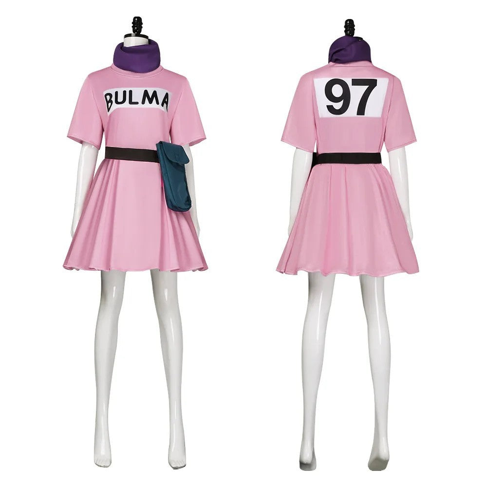 Bulma Cosplay Anime Costume Full Set Pink Dress Pouch Scarf Hair Bow Outfit