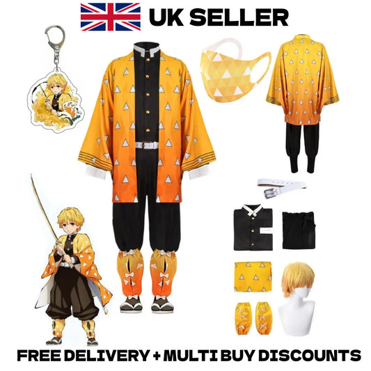 Demon Slayer Zenitsu Agatsuma Cosplay Costume Thunder Kimono Set Halloween Wig