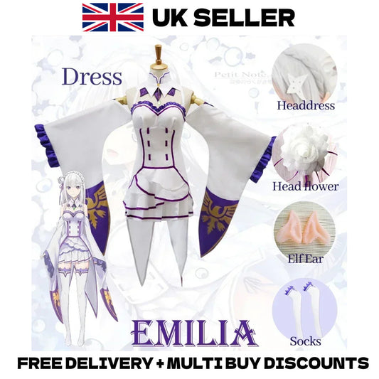 Re:Zero Emilia Cosplay Costume Full Set Anime Maid Uniform Outfit Wig Puck Plush