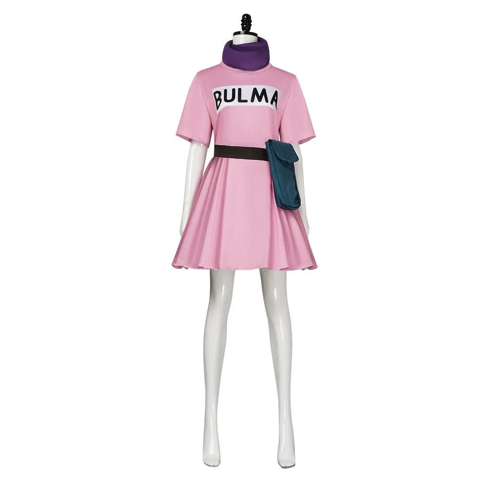 Bulma Cosplay Anime Costume Full Set Pink Dress Pouch Scarf Hair Bow Outfit