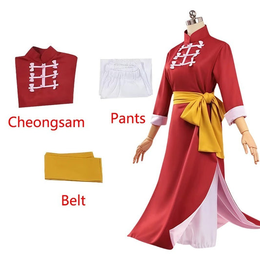 Gintama Kagura Cosplay Costume Full Set Wig Halloween Outfit Red Qipao Cheongsam