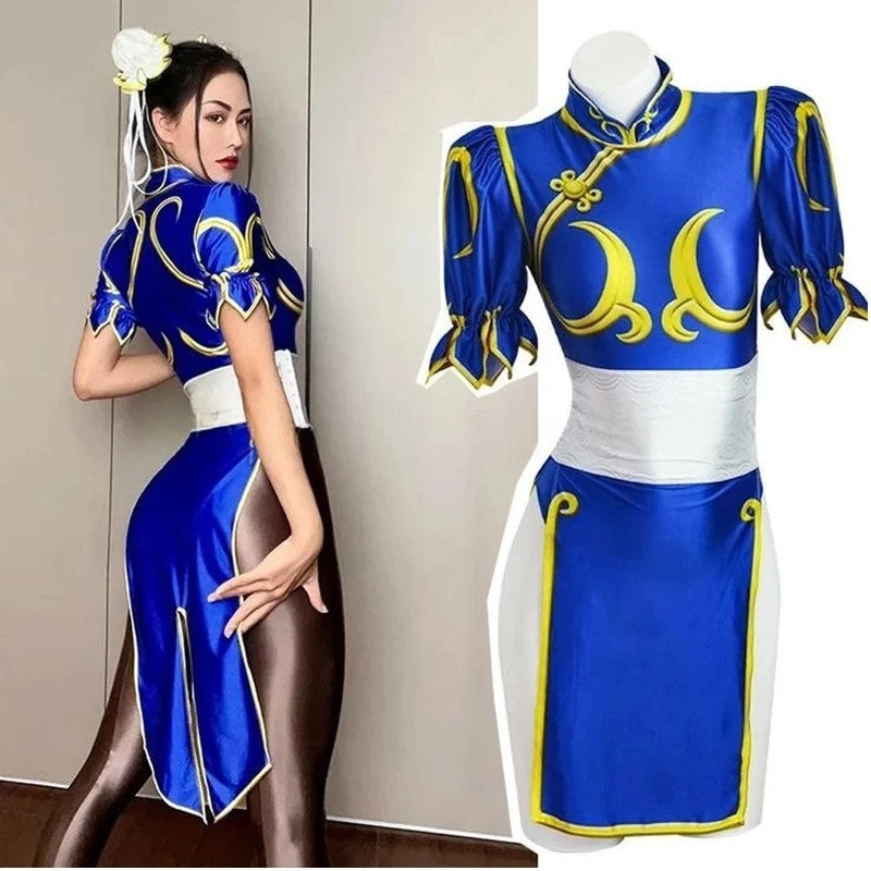 Street Fighter Chun-Li Cosplay Costume Full Set Blue Dress Halloween Outfit