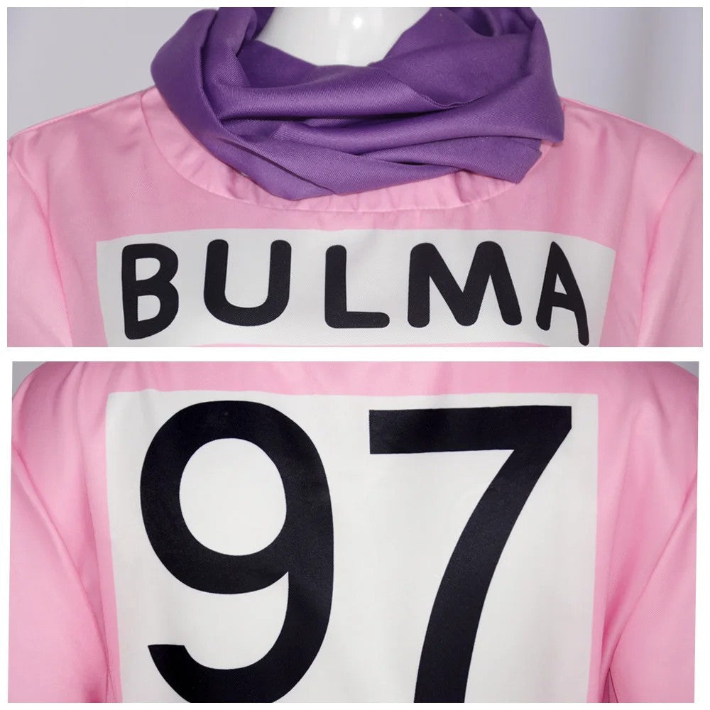 Bulma Cosplay Anime Costume Full Set Pink Dress Pouch Scarf Hair Bow Outfit