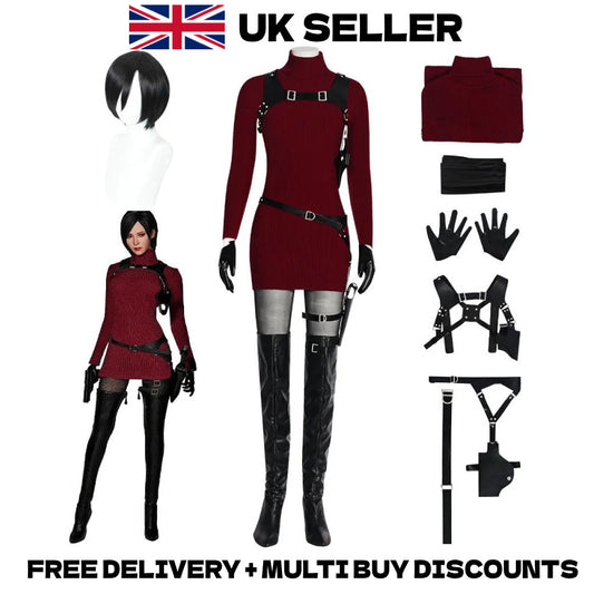 Resident Evil 4 Ada Wong Cosplay Costume Red Sweater Dress Full Outfit Wig Set