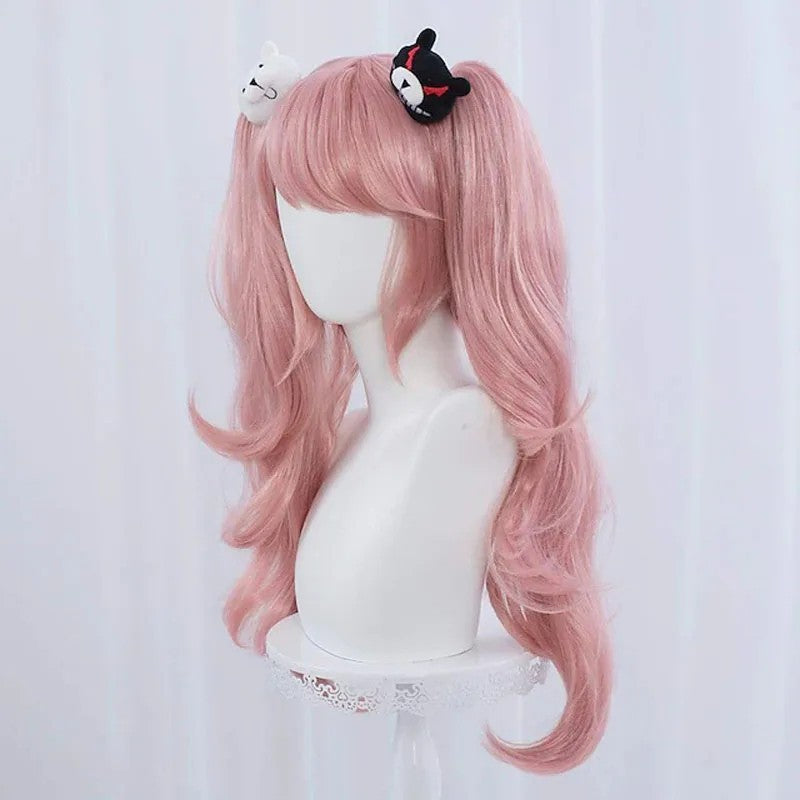 Danganronpa Junko Enoshima Cosplay Wig Pink Twin Tails Monokuma Hairpins Prop