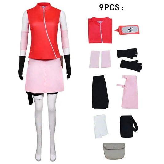 Naruto Shippuden Sakura Haruno Cosplay Costume Ninja Uniform Skirt Full Set