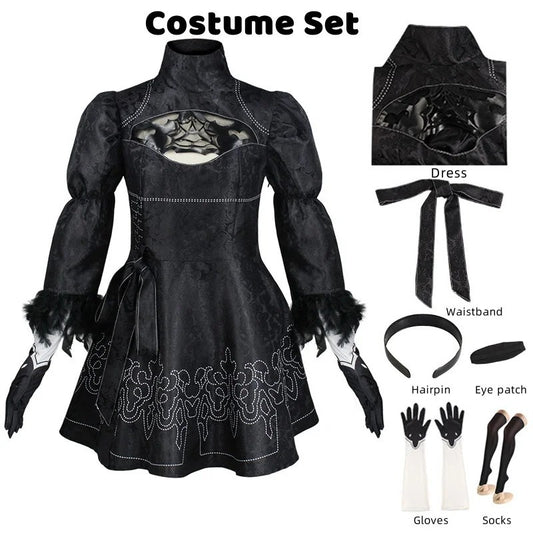 NieR Automata 2B 9S Cosplay Costume Full Set Outfit Wig Blindfold Halloween Game