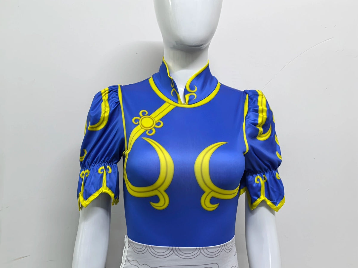 Street Fighter Chun-Li Cosplay Costume Full Set Blue Dress Halloween Outfit