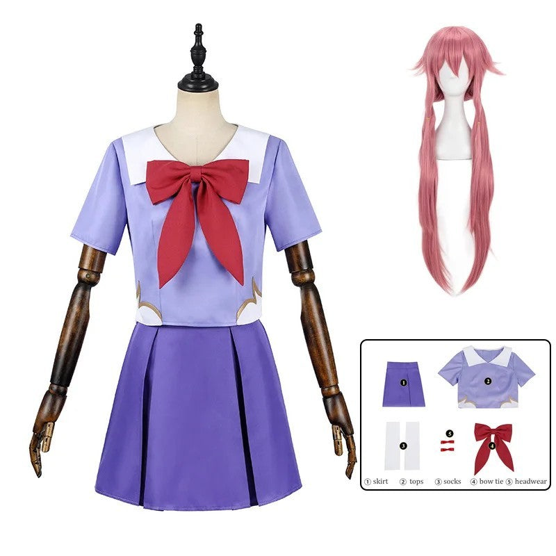 Future Diary Mirai Nikki Yuno Gasai Cosplay Costume Full Set Wig Halloween