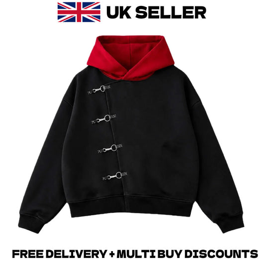 Jujutsu Kaisen Yuji Itadori Spliced Hoodie Red Hood Buttons Harajuku Streetwear