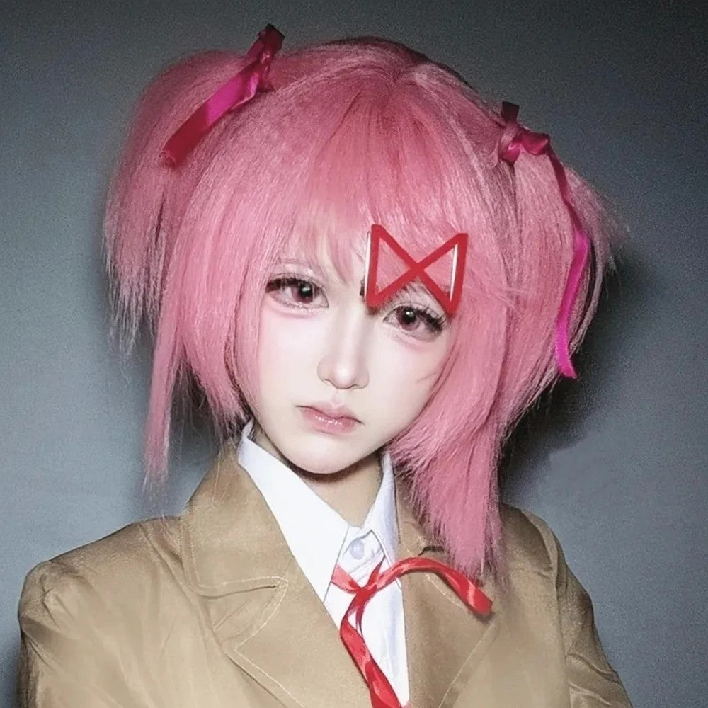 Doki Doki Literature Club Natsuki Wig Pink Pigtail Hairpin Cosplay Hairpiece Set