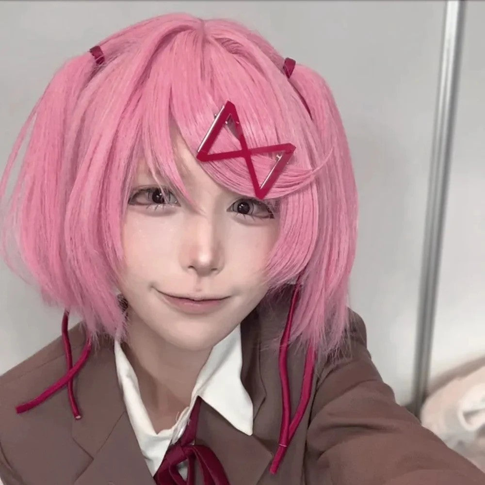 Doki Doki Literature Club Natsuki Wig Pink Pigtail Hairpin Cosplay Hairpiece Set