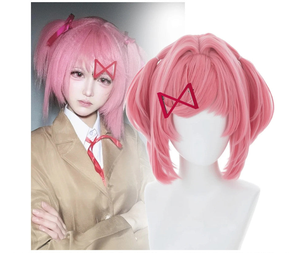 Doki Doki Literature Club Natsuki Wig Pink Pigtail Hairpin Cosplay Hairpiece Set