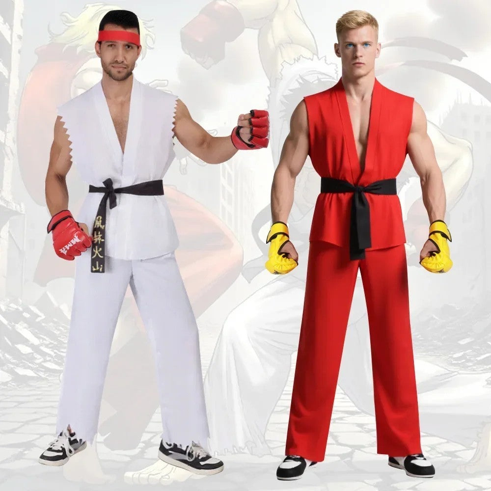 Street Fighter Ryu Ken Masters Cosplay Costume Full Set Karate Gi Halloween Fit