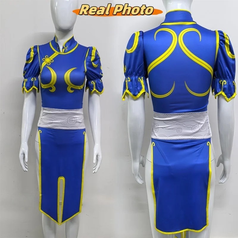 Street Fighter Chun-Li Cosplay Costume Full Set Blue Dress Halloween Outfit