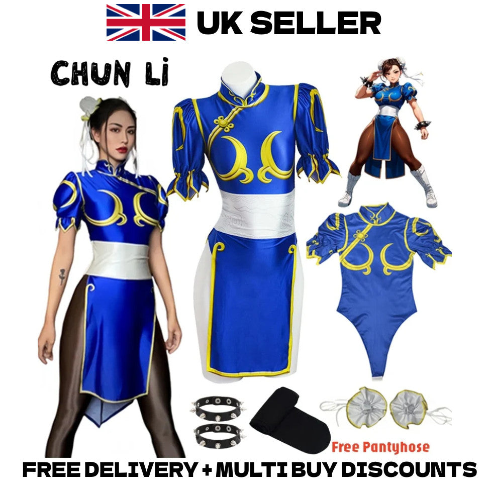 Street Fighter Chun-Li Cosplay Costume Full Set Blue Dress Halloween Outfit
