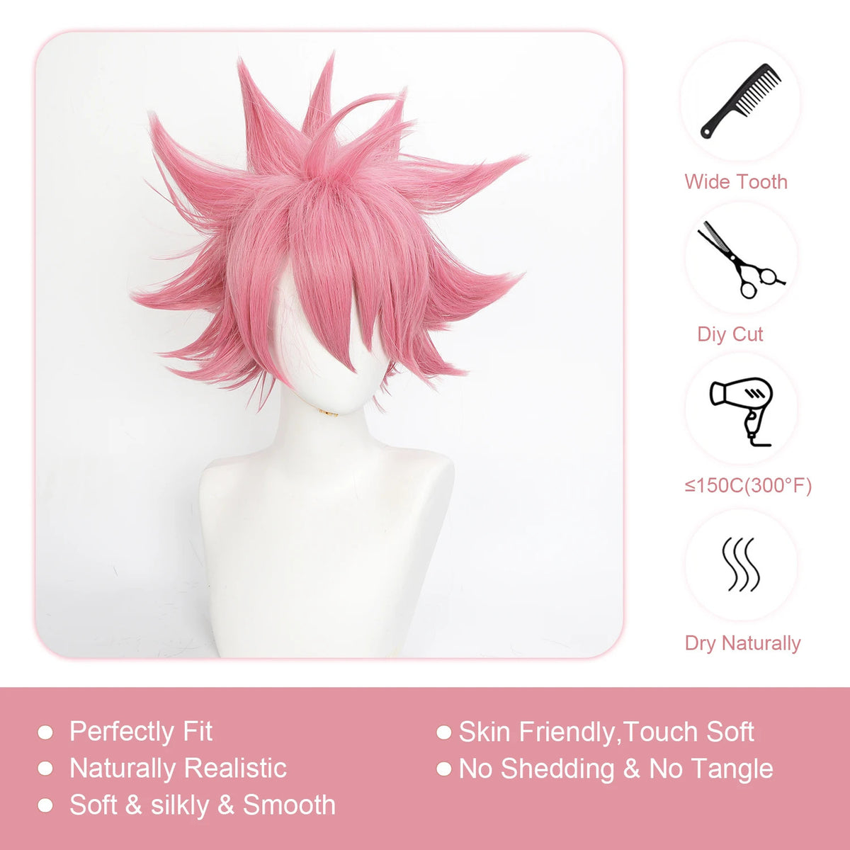 Fairy Tail Natsu Dragneel Cosplay Wig Spiky Pink Anime E.N.D Halloween Hair