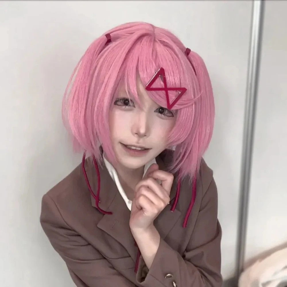 Doki Doki Literature Club Natsuki Wig Pink Pigtail Hairpin Cosplay Hairpiece Set