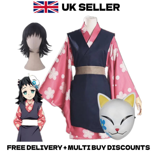 Demon Slayer Makomo Cosplay Costume Fox Mask Wig Kimono Full Set Halloween