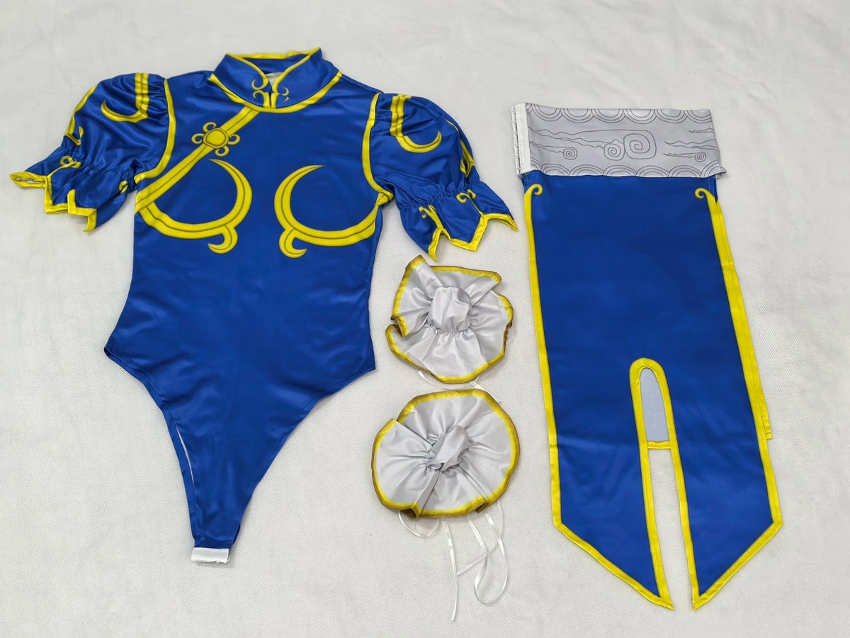 Street Fighter Chun-Li Cosplay Costume Full Set Blue Dress Halloween Outfit