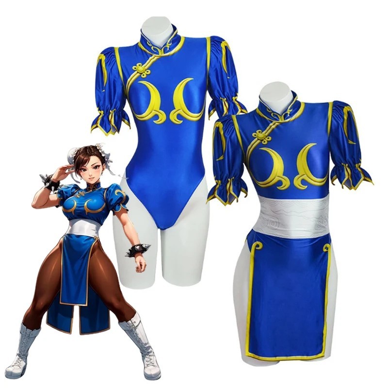 Street Fighter Chun-Li Cosplay Costume Full Set Blue Dress Halloween Outfit
