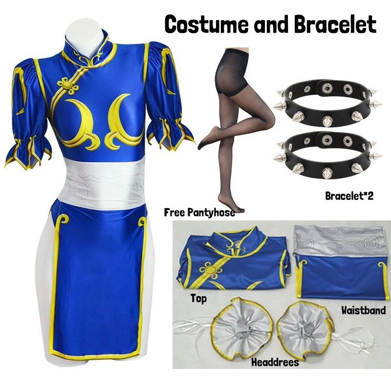 Street Fighter Chun-Li Cosplay Costume Full Set Blue Dress Halloween Outfit