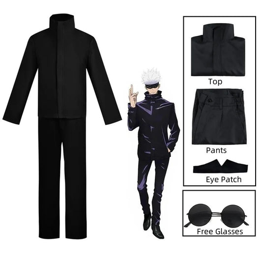 Jujutsu Kaisen Gojo Satoru Cosplay Costume Uniform Wig Glasses Eye Mask Set