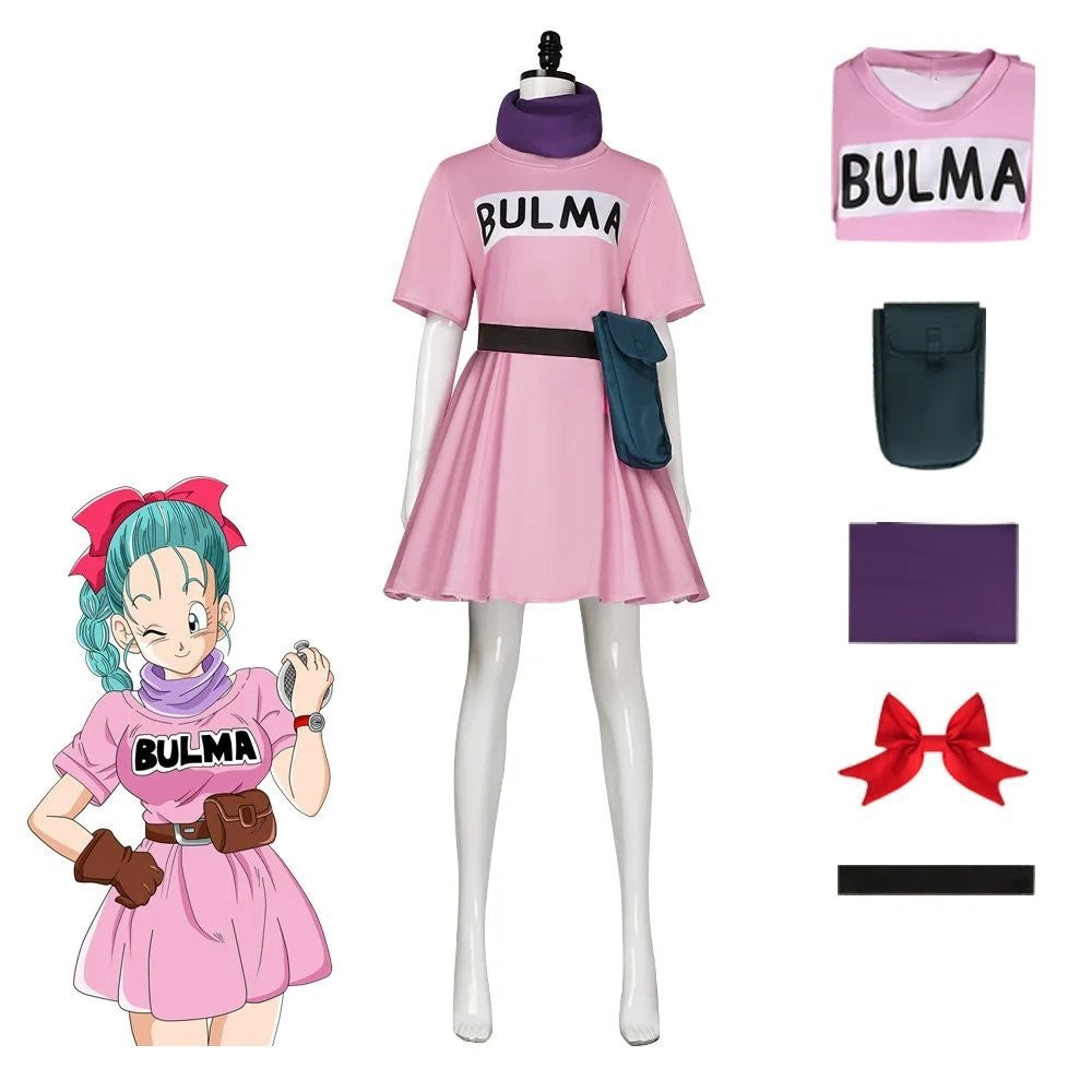 Bulma Cosplay Anime Costume Full Set Pink Dress Pouch Scarf Hair Bow Outfit