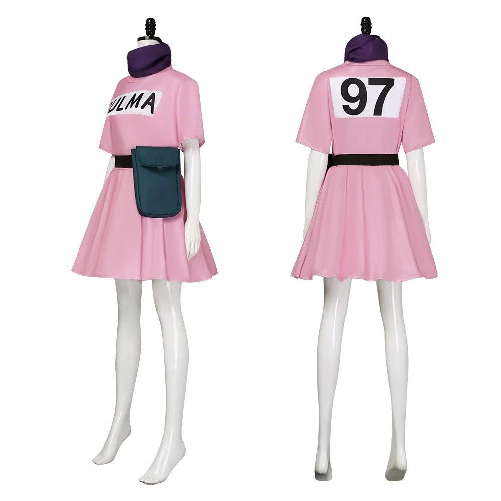 Bulma Cosplay Anime Costume Full Set Pink Dress Pouch Scarf Hair Bow Outfit