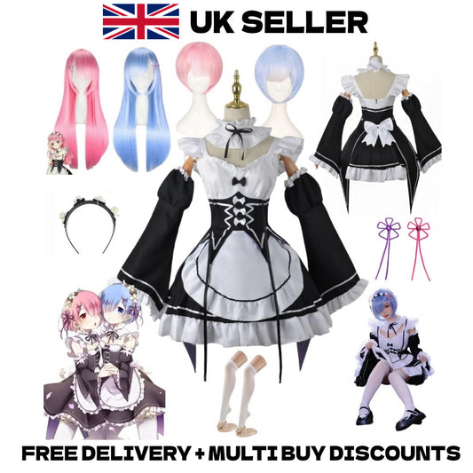 Re:Zero Rem Ram Cosplay Costume Maid Outfit Uniform Wig Anime Merch Full Set