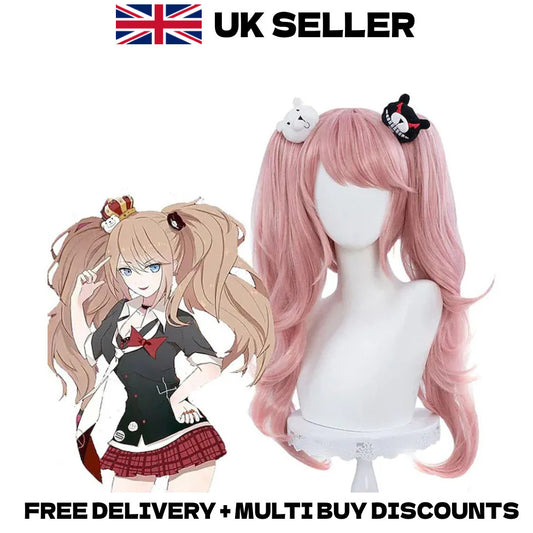 Danganronpa Junko Enoshima Cosplay Wig Pink Twin Tails Monokuma Hairpins Prop